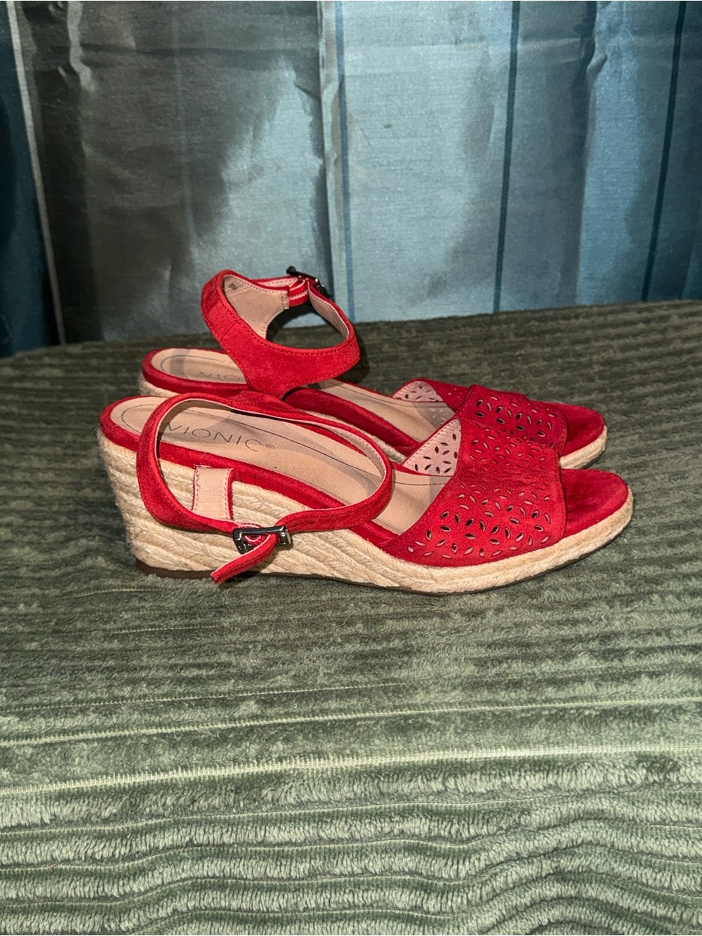 Vionic Red Suede Laser-Cut Espadrille Wedge Sandals